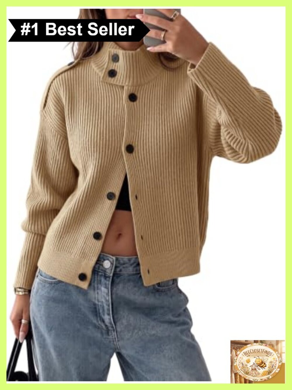 Chunky Knit Button Down Cardigan Mock Neck Long Sleeve Sweater Jacket